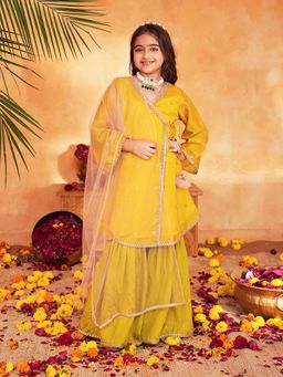 PSPeaches - Girls Yellow Embroidered Angrakha Kurta With Sharara & Dupatta