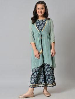 Aurelia - Liva Mint Green Gilet with Dark Blue Floral Printed Top and Palazzo (Set of 3)