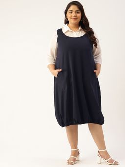 theRebelinme - Plus Size Women Navy Blue Solid Color Shirt Collar Balloon Dress