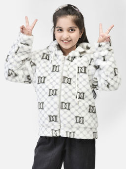 CRIMSOUNE CLUB - Girls White Graphic Hooded Fur Jacket