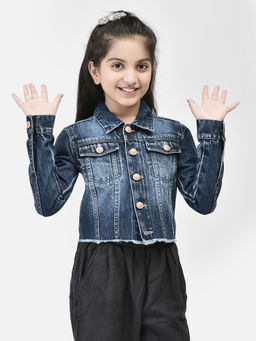 CRIMSOUNE CLUB - Girls Navy Blue Crop Length Denim Jacket
