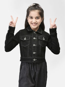 CRIMSOUNE CLUB - Girls Black Crop Length Denim Jacket