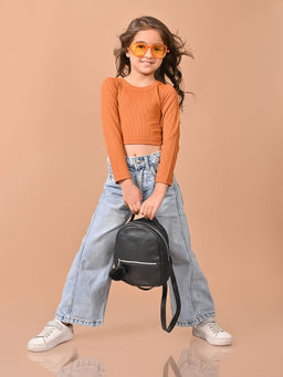 Lilpicks - Solid Stylish Full Sleeves Slim Fit Crop Top - Brown