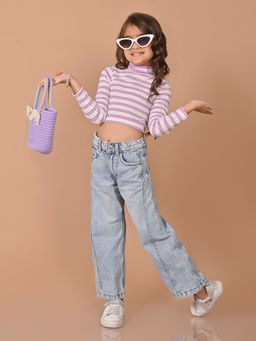 Lilpicks - Horizontal Stripes Full Sleeves Slim Fit High Neck Crop Top