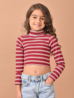 Lilpicks - Horizontal Stripes Full Sleeves Slim Fit High Neck Crop Top - Maroon & White