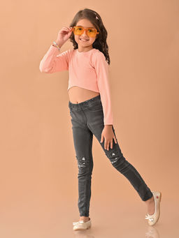 Lilpicks - Solid Stylish Full Sleeves Slim Fit Crop Top - Peach