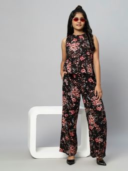 TeenTrums - Girls Tropical Print Co-Ord -Black (Set of 2)