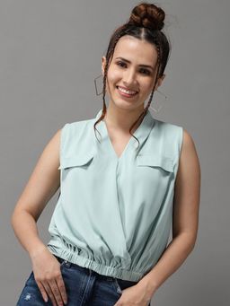 SHOWOFF - Womens Abstract V-neck Sea Green High-low Regular Top