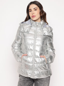 Guess - Silver Solid Hooded Neck Puffer Jacket