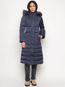 Guess - Navy Blue Solid Hooded Neck Puffer Jacket