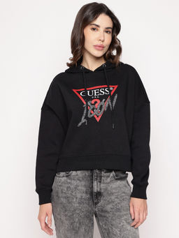 Guess - Black Printed Hooded Neck Sweatshirt