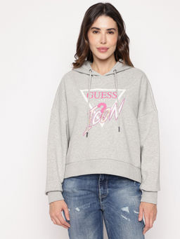 Guess - Grey Printed Hooded Neck Sweatshirt