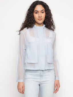 Guess - Blue Solid Hooded Neck Mia Organdy Jacket