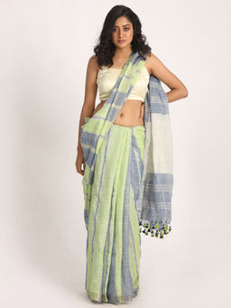 Angoshobha - Green & Blue Traditional Handloom Check Linen Saree with Unstitched Blouse