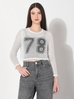 SHOWOFF - Women's White Fitted Crochet Top with Inner Slip