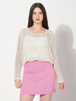 SHOWOFF - Women's Cream Fitted Crochet Top with Inner Slip