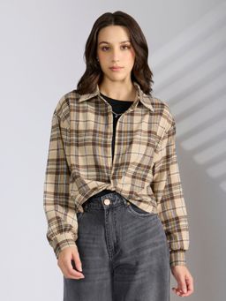 SHOWOFF - Women's Checked Beige Shirt Style Top with Tank Top