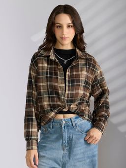 SHOWOFF - Women's Checked Brown Shirt Style Top with Tank Top