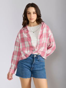 SHOWOFF - Edition Women's Checked Pink Oversized Top with Chain