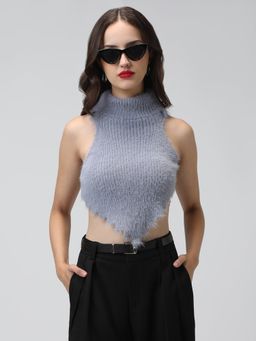 SHOWOFF - Women's Grey Sleeveless Backless Fuzzy Crop Top