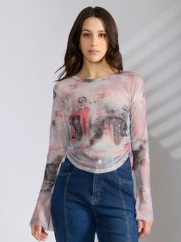 SHOWOFF - Women's Printed Pink Fitted Ruched Crop Top