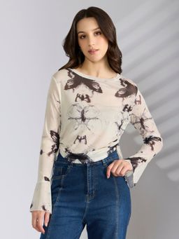 SHOWOFF - Women's Printed White Fitted Ruched Crop Top