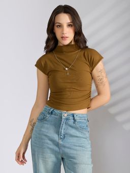 SHOWOFF - Edition Women's Olive Fitted Ruched Crop Top