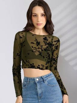 SHOWOFF - Women's Floral Olive Mesh Crop Top