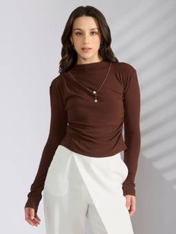 SHOWOFFFF - Women's Brown Fitted Ruched Top