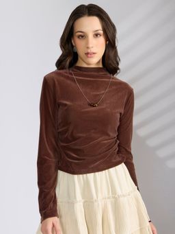 SHOWOFF - Women's Brown Fitted Ruched Top
