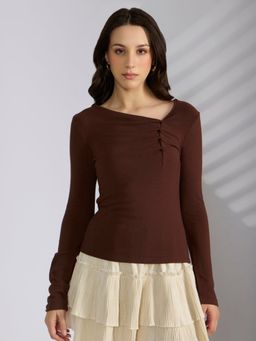 SHOWOFF - Women's Brown Fitted Ruched Top