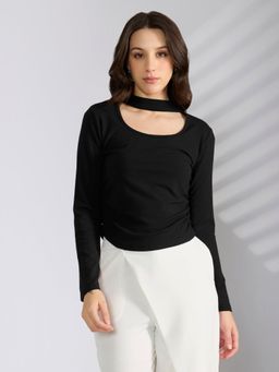SHOWOFF - Women's Black Fitted Ruched Top