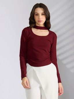 SHOWOFF - Women's Maroon Fitted Ruched Top