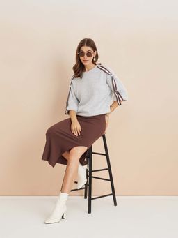 Latin Quarters - Women Grey Self Design Sleeves Casual Sweatshirt