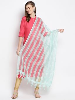 Dupatta Bazaar - Womens Sea Green Striped Organza Dupatta
