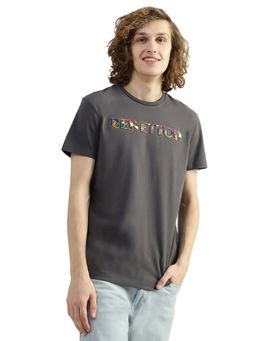 United Colors of Benetton - Men Grey Applique Brand Logo Round Neck T-Shirt