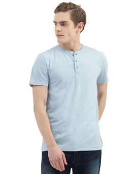 United Colors of Benetton - Men Blue Textured Henley Neck T-Shirt