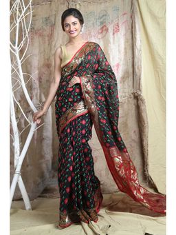 Arhi - Black Silk Cotton Handwoven Soft Saree With Allover Thared Weving