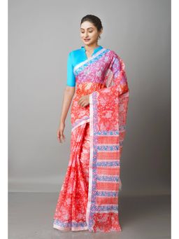 Unnati Silks - Orange Pure Block Printed Kota Cotton Saree with Unstitched Blouse