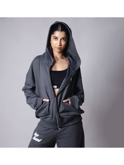HOP HEAD - Women Charcoal Cotton Solid Hoodie