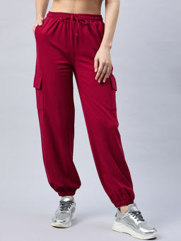 Femea - Women Mid-Rise Cotton Maroon Cargo Joggers