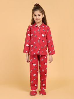 PICCOLO - Red & White Floral Printed Top & Pyjama Set With Slippers (Set of 3)