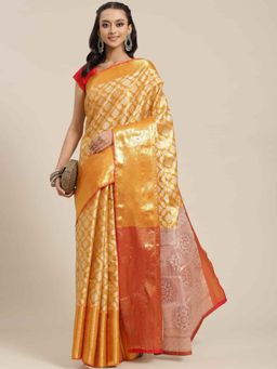 Silk Land - Brocade Heavy Silk Saree with Unsticthed Blouse Piece Mustard with Unstitched