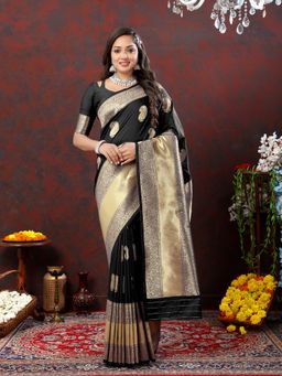 Yavira Silk - Women Black Handloom Saree with Unstitched Blouse