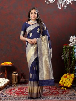 Yavira Silk - Women Navy Blue Handloom Saree with Unstitched Blouse