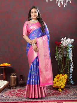 Yavira Silk - Women Blue Handloom Saree with Unstitched Blouse