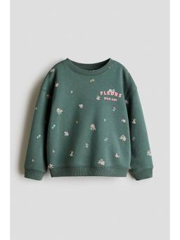 H&M - Girls Green Print-Motif Brushed-Inside Sweatshirt
