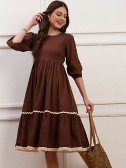 Globus - Brown Solid/Plain Three Fourth Sleeves Dress