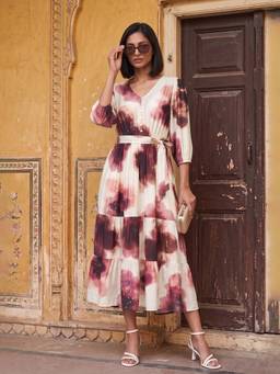 max - Off White Tie & Dye Three Fourth Sleeves Dress with Belt