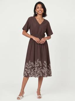 max - Brown Embroidered Half Sleeves Dress